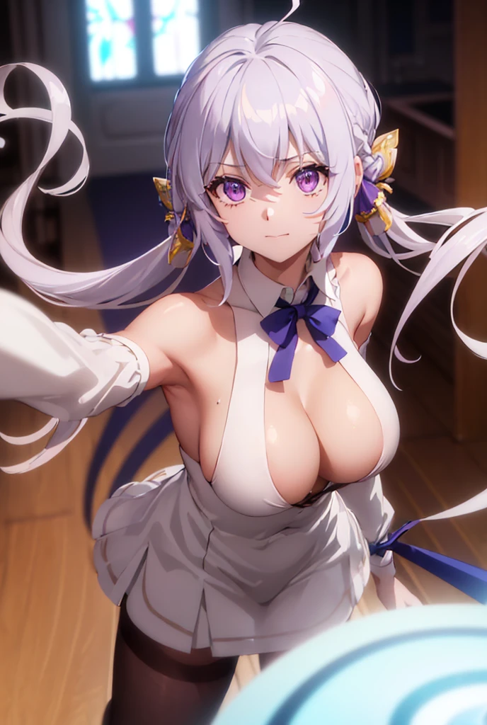 ((masterpiece)), ((Best quality)), (high resolution), (illustration), (an extremely delicate and beautiful), (ultra detailed beautiful face and eyes), nsfw, 1girl, leaning forward, YukineChris, long hair, purple eyes, twintails, low twintails, ahoge, large breasts, fishnet pantyhose, red a bow tie, volumetric lightning, detailed skin texture, detailed, volumetric shadow, anime screencap,Highest quality, Sorceress, ancient lonian nobility, ((tan skin:1.2)), (brown skin color),Long hair, twin braids, hair ornament, wine colored hair, smile, Below average size breasts, bare shoulders, (underboob:0Nudes、Clothes are torn 8K, masterpiece, Best_quality, high_resolution, ultra_details, detailed, 1girl, 独奏, long_hair, looking_at_viewer, upper_body, indoors, braid, blurry, bangs, shirt, white_hair, blurry_background, collared_shirt, closed_mouth, ribbon, long_sleeves, church, hair_ribbon, hair_between_eyes, stained_Glass, Blue_ribbon, sidelocks, depth_of_field, light_particles, window, french_braid, Alphonse Mucha Style, sharp focus, perfect hands, perfect face, perfect eyes, perfect light, dynamic light, natural light, Masterpiece, Best quality,
