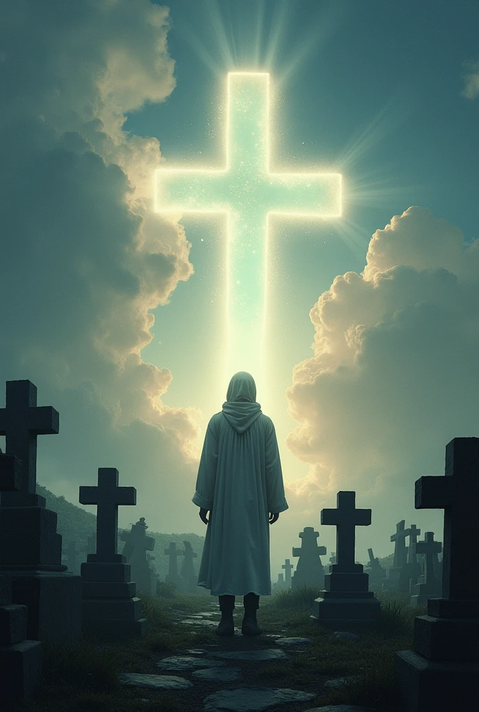 A person is standing in a graveyard in front a grave and god came and him to sky