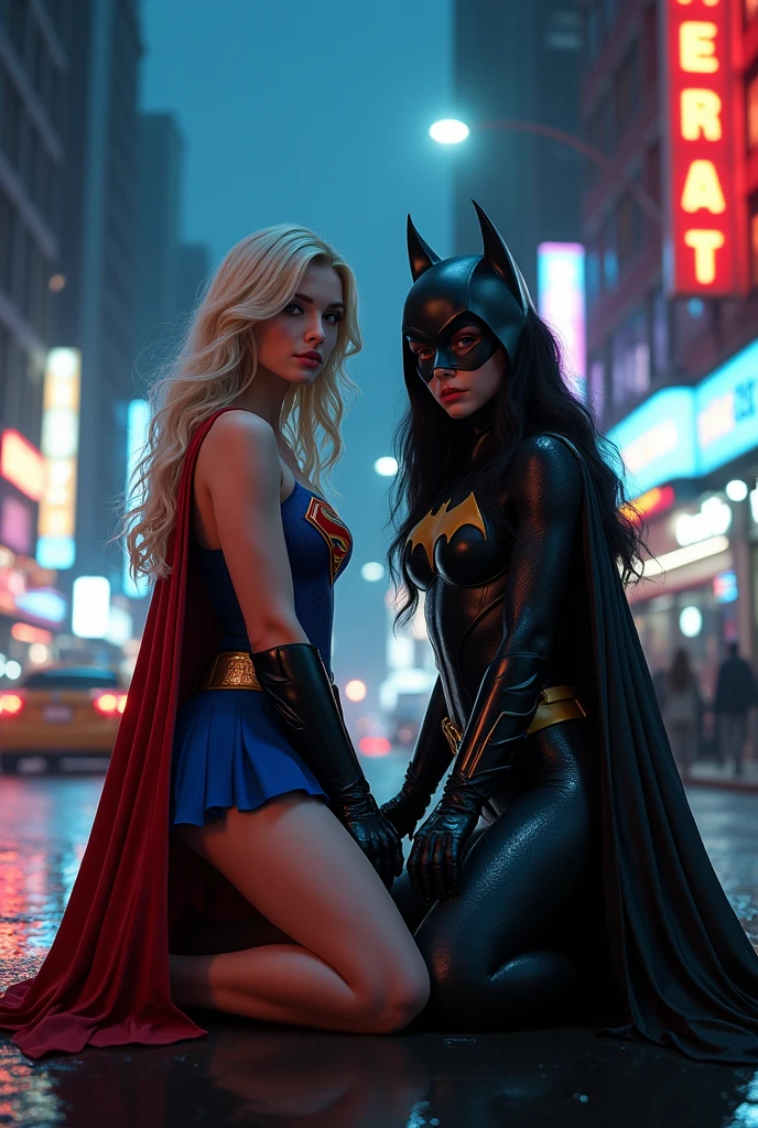 (photorealism:1.2), 2 girls, Supergirl, Batgirl, pale, beautiful woman, kneeling, butt, posing, city street at night, blonde, streetlight, neon