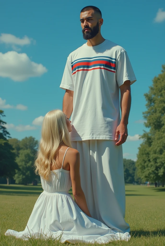 Photorealistic. handsome chinese man low nose bridge, wider nose, mid-30s with buzzcut and viking beard wearing white t-shirt with red blue horizontal stripe looking at camera. Peroxide Scandinavian blonde girl wearing white summer dress worshipping at his feet. Hyde Park in background. Blue skies. 
