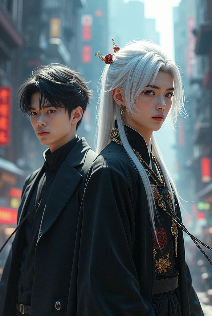 2 Young man's , (first ( black outfit, jewelry, chinese style, embroidery, long flowing white hair, detailed face, detailed beautiful blue eyes, )
( second( Black outfit short black hair, Mafia style)modern City(intricate:1.3), (arcane aura:1.2), (dreamlike: 1.3), (subtle mist:1.1), (vibrant colors: 1.2), (detailed hair:1.3), (ultra realistic details:1.5),