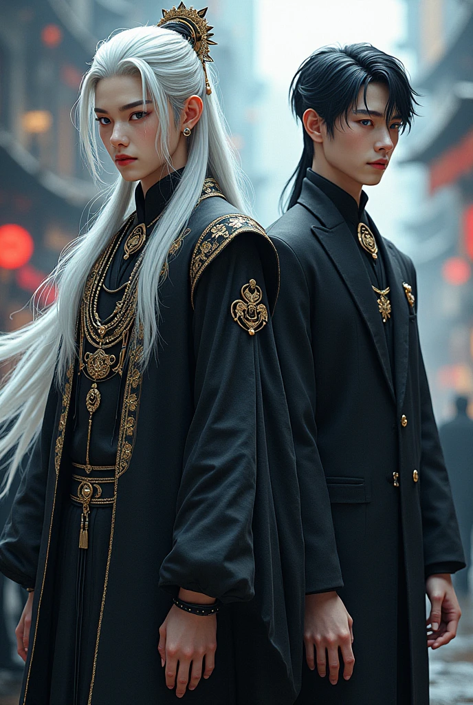 2 Young man's , (first ( black outfit, jewelry, chinese style, embroidery, long flowing white hair, detailed face, detailed beautiful blue eyes, )
( second( Black outfit short black hair, Mafia style)modern City(intricate:1.3), (arcane aura:1.2), (dreamlike: 1.3), (subtle mist:1.1), (vibrant colors: 1.2), (detailed hair:1.3), (ultra realistic details:1.5),