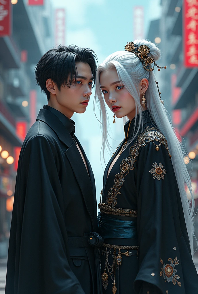 2 Young man's , (first ( black outfit, jewelry, chinese style, embroidery, long flowing white hair, detailed face, detailed beautiful blue eyes, )
( second( Black outfit short black hair, Mafia style)modern City(intricate:1.3), (arcane aura:1.2), (dreamlike: 1.3), (subtle mist:1.1), (vibrant colors: 1.2), (detailed hair:1.3), (ultra realistic details:1.5),