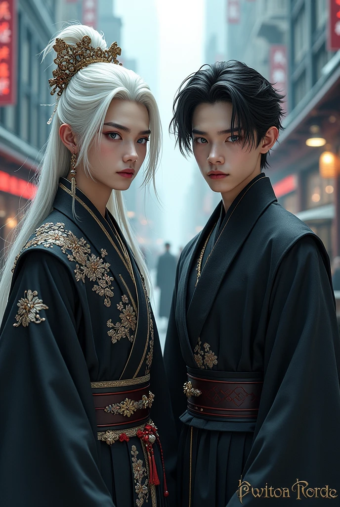 2 Young man's , (first ( black outfit, jewelry, chinese style, embroidery, long flowing white hair, detailed face, detailed beautiful blue eyes, )
( second( Black outfit short black hair, Mafia style)modern City(intricate:1.3), (arcane aura:1.2), (dreamlike: 1.3), (subtle mist:1.1), (vibrant colors: 1.2), (detailed hair:1.3), (ultra realistic details:1.5),
