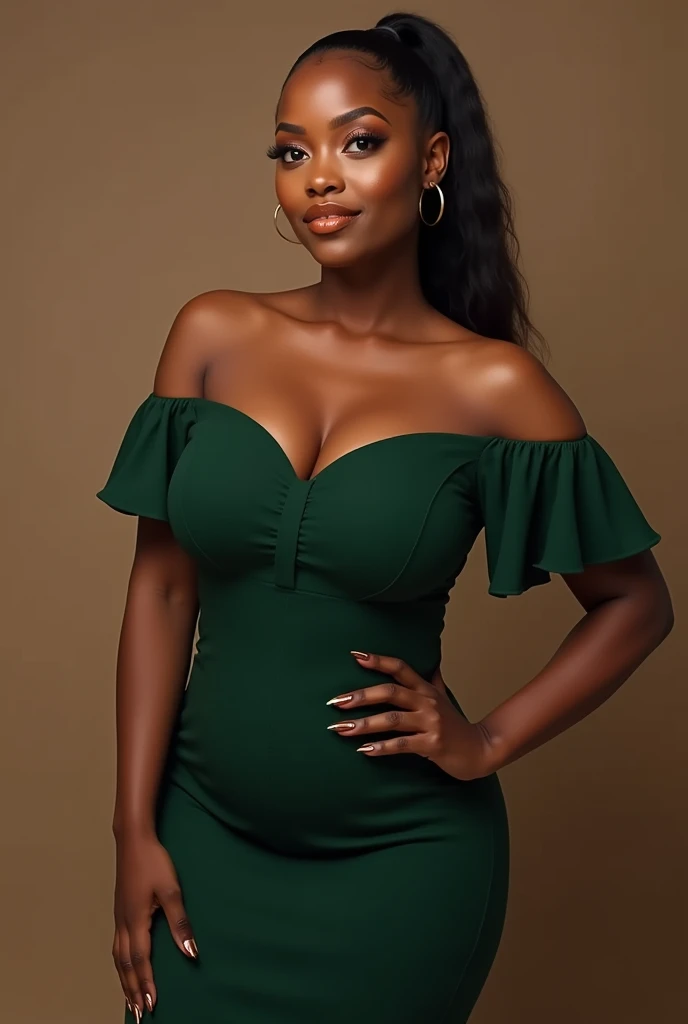 Real Life Image Natural Young Woman 1 Dark Brown Skin Full Body Wearing Dark Green Dress Brown Lips With Brown Nails Hair Tied In Ponytail Shape 
