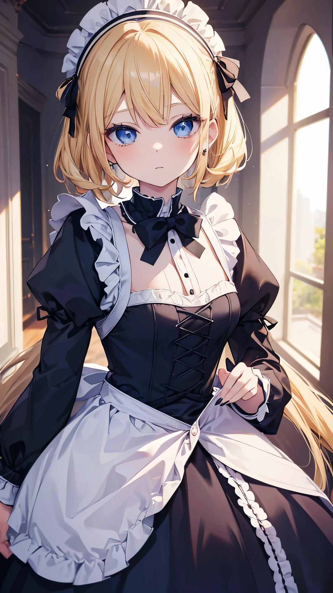 Woman in maid outfit posing for photo (Tabletop, Highest quality:1.2), 8k, 85mm, Official Art, Absurd, blonde, (blue eyes, Data Fashion, Sweet Ota, Gothic, dress:1.2), Idol's face, Upper Body, beautiful girl, Gardeniass, Copenhagen, Short sleeve, Grace, Sophisticated, Gardenia, Film Grain, chromatic aberration, Sharp focus, Face Light, Dynamic Lighting, Cinema Lighting,(( blush、Embarrassed look, avert your eyes、Looking down shyly:1.2))、(((Roll up your skirt、I see your white pants、Sujiman、slit)))、
