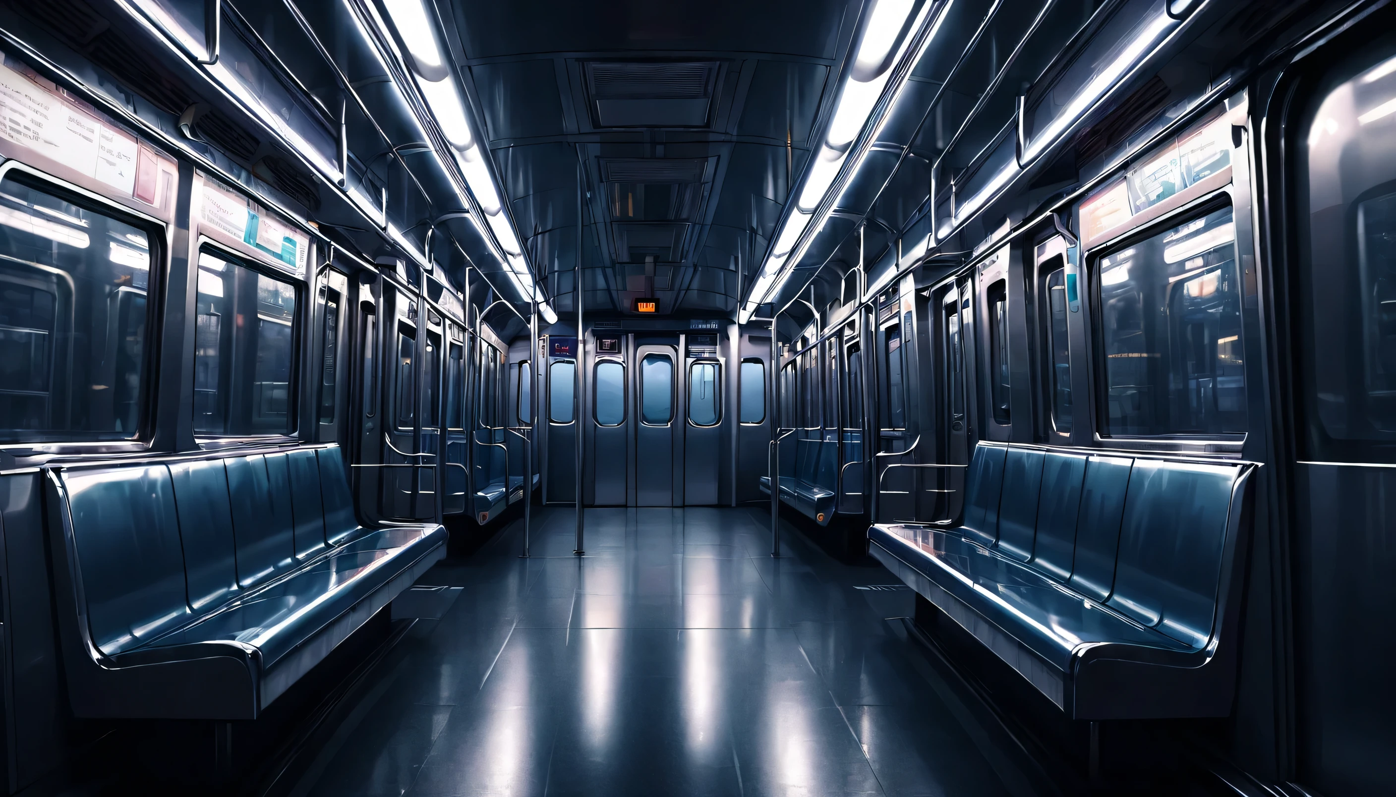 a view from inside a subway train at night, no people, anime style, detailed interior of train, detailed exterior city landscape through window, cinematic lighting, dark moody colors, strong contrast, dream-like atmosphere, photorealistic, 8k, best quality, masterpiece