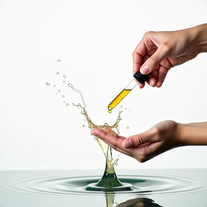 A pair of hands holding a dropper dropping essential oil into the water with a splash,Essential oil splash,White background