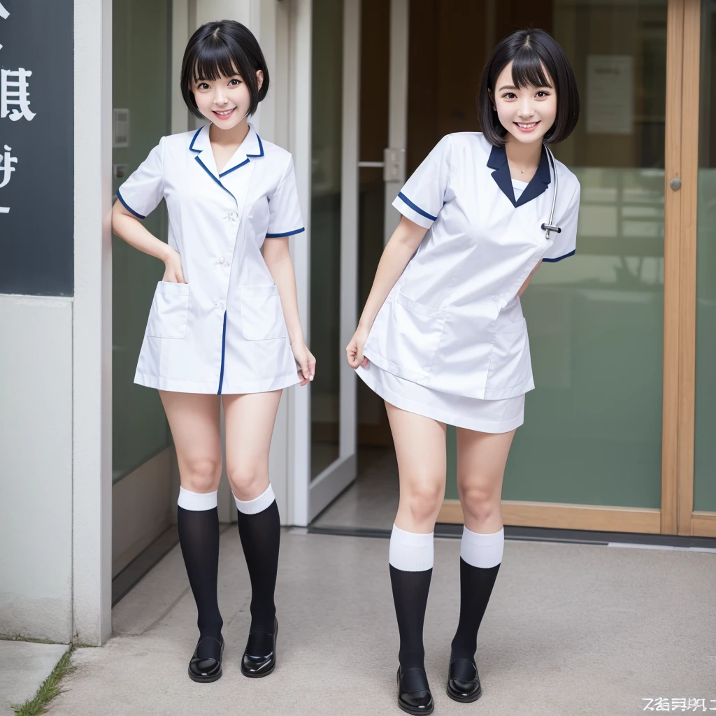 White knee-high socks、Nurse uniform、White pumps、Japanese women、whole body、Black Hair、short hair、Standing posture、smile、 High resolution, Gaze, Anatomically correct, Highest quality、20-year-old