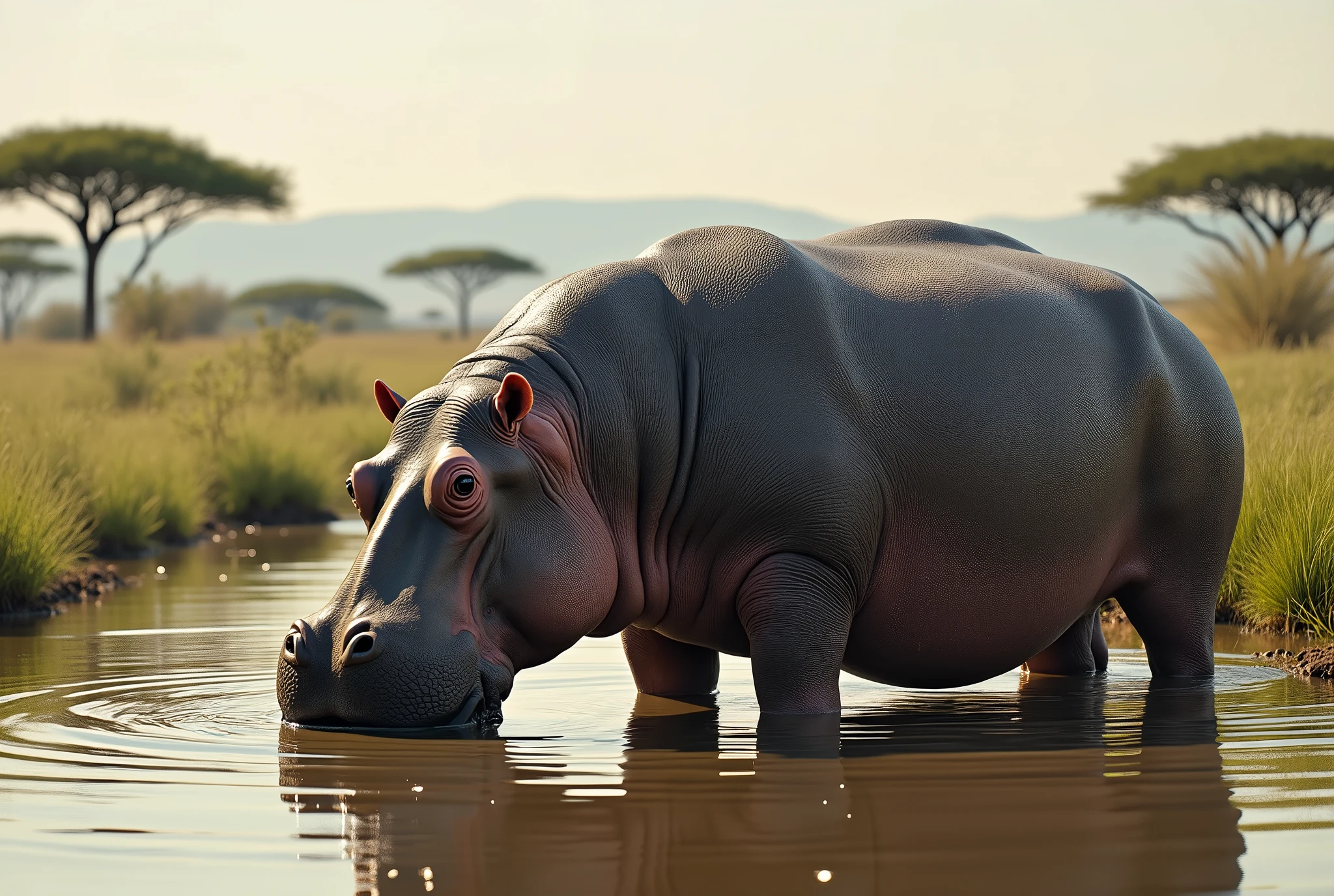 Create a captivating, AI-generated artwork of a hippopotamus drinking water in an African savanna. The hippo should be depicted in a natural and tranquil moment, partially submerged in a waterhole or a river, with its head lowered to drink. Capture the massive, rounded form of the hippo, including its large mouth and distinctive teeth.

The scene should reflect the African landscape, with a backdrop of lush vegetation, tall grasses, and perhaps a few distant acacia trees. Incorporate details such as the hippo's reflection in the water, the ripples created by its presence, and the texture of the muddy water.

Use earthy, natural tones to depict the savanna and the hippo’s grayish skin, highlighting the contrast between the hippo and the surrounding environment. The lighting should be soft and natural, conveying the warmth of the African sun and the peacefulness of the scene.

The style should be realistic yet artistic, with a focus on the details of the hippo and its habitat. The final artwork should be high-resolution and visually striking, capturing the majestic and serene nature of the hippo in its natural setting.