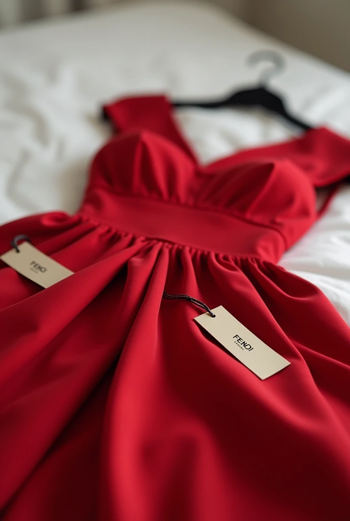 Make a picture for me, This image is a photo that appears to be taken by a normal camera and out of focus., be a simple image, that no part of the image is blurred and it is a photo taken from a bed and on top of that bed there is a red Fendi dress, very beautiful and beautiful with tag never been used.