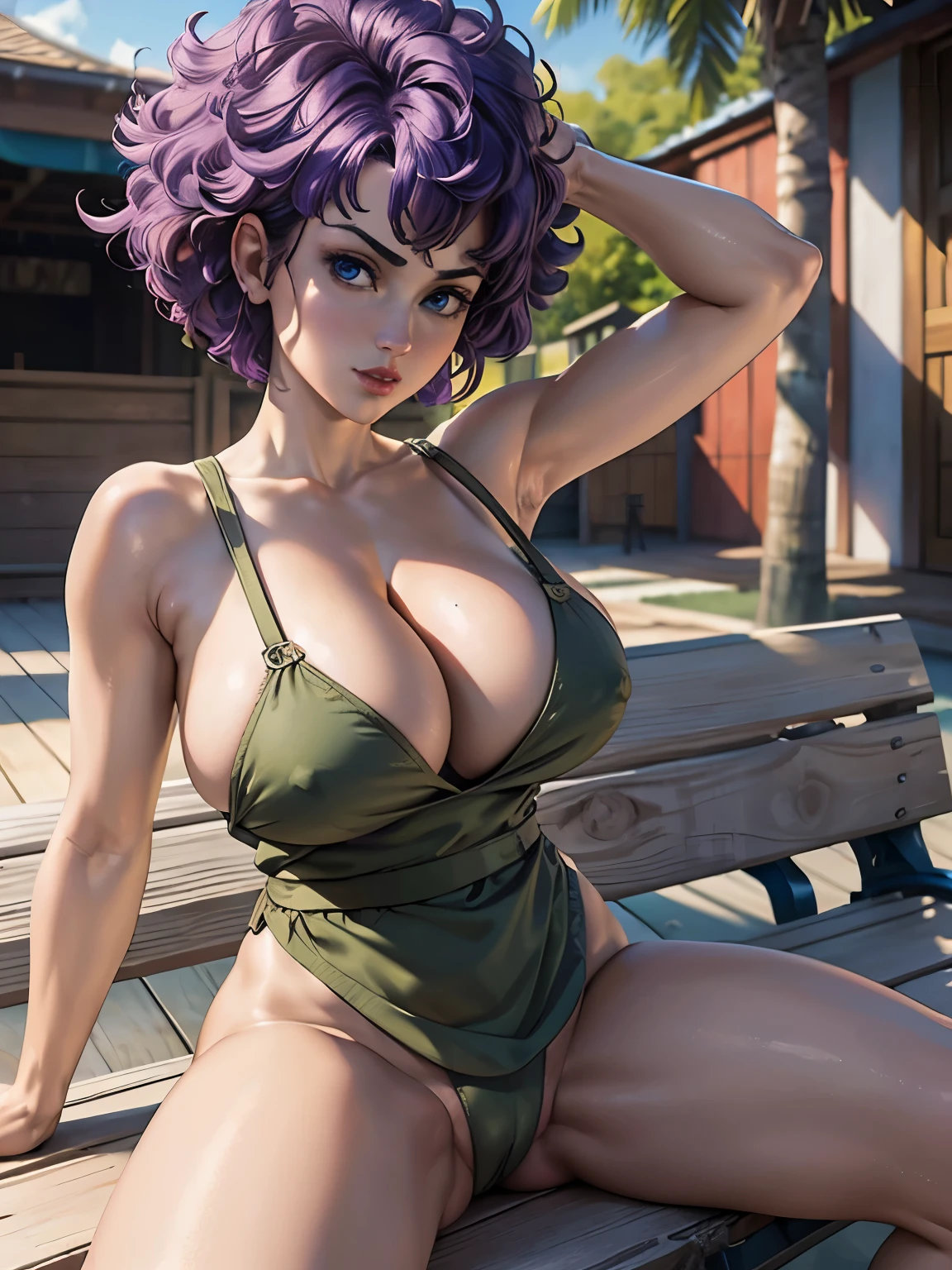 (highest quality:1.2, masterpiece:1.2), 1 girl, solo, (ultra realistic portrait of Lan fan, dbz), (purple hair color:1.5, curly perm:1.5, top up short hair:1.3, blue eyes, single charming mole around mouth), ((white apron, ultra realistic nude apron outfits, ultra detailed naked apron fashion)), heels, (((ultra huge breasts, ultra huge tits, ultra huge boob, ultra huge cleavage))), ultra slim waist, perfect slim body style, ultra realistic skin texture, ultra detailed skin texture, perfect eyes, ultra detailed eyes, (Tenkaichibudoukai, outdoor, battle stadium, stone stage, square stage, roof in behind, entrance space between red short wall in back, audience box seats in battle stadium, palm trees), (nsfw:1.1), (sitting on wooden bench, spreading legs to viewer:1.5), zoom up, close up, put your hands up, visible ultra detailed shaved armpits, exposed ultra realistic shaved armpits, disclosed ultra realistic shaved underarms, showing ultra detailed shaved underarms,