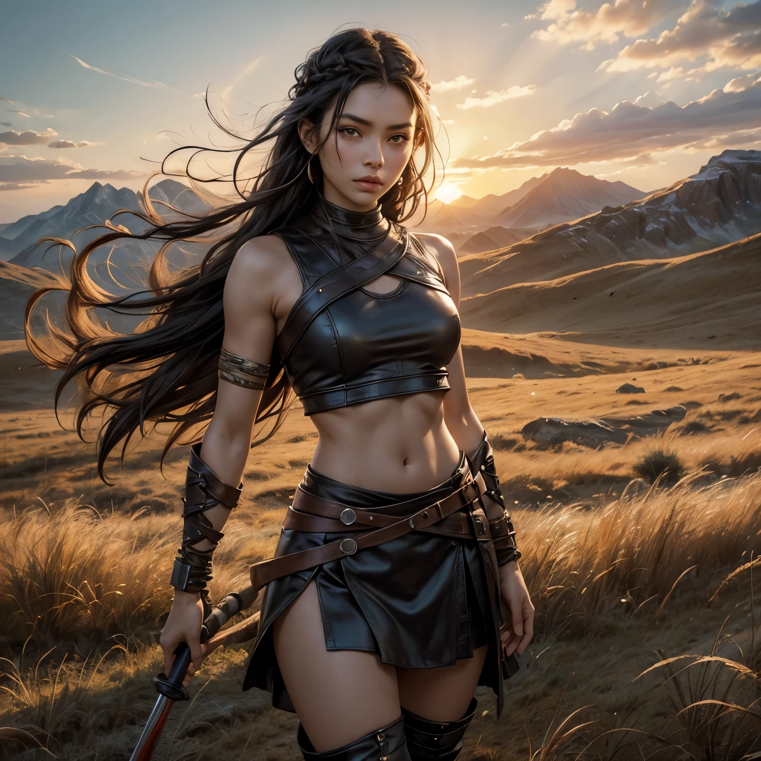 Style: "Prehistoric fantasy setting with a focus on authentic primitive clothing and accessories, reflecting the materials and craftsmanship of early human cultures."
Maya is a beautiful prehistoric woman of the Mongoloid race.
Face: Rounded, with soft features. Almond-shaped brown eyes, short and straight nose. Lips of medium thickness, natural pink color. The hair is black, straight, long, braided into one thick braid. The skin is light olive.
Body: Medium height, slender and flexible, slightly muscular figure. The breasts are small, the stomach is tight, the hips are round, the legs are strong and flexible.
Tattoo: A primitive pattern of wavy lines running from the right collarbone to the middle of the chest. Three black dots near the outer corner of the left eye.
(Steppe warrior)
Clothing:
A short leather top that leaves the stomach exposed. A skirt made of leather, with an asymmetrical cut that covers one leg more than the other.
High knee-high leather boots with fur trim.
Outside:
Maya stands on a hill, holding a spear raised above her head. She leaned forward a little, as if preparing to throw a spear.
Facial expression: Brave, determined, eyes focused, lips slightly pursed, as if before an important throw.
Background:
Wide steppe area with tall grass swaying under the influence of the wind. Low mountains illuminated by the setting sun can be seen on the horizon.
