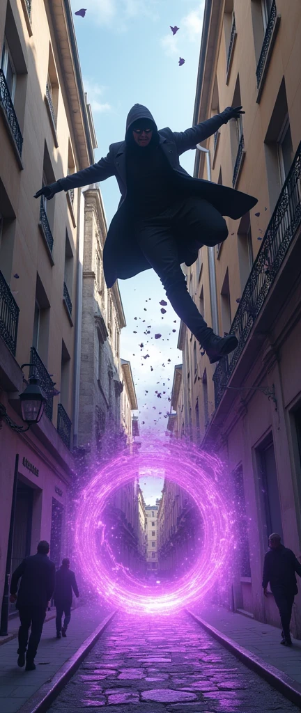a man jumping through the window of a building, jumping from the third floor, he is falling into a dynamic position, shattered glass, broken glass falling, broken window, I see him from the street, pedestrians are scared, a purple energy portal opens in the sewer on the ground, round and purple portal, he is wearing a black mask, he wears boots and a hooded coat, sunny afternoon with clouds, streets of France, através do portal há neve e é um lugar frio,
