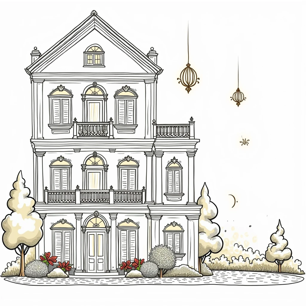 Masterpiece, Best quality,8K, Ultra-high resolution, rich atmosphere of luxury。Ornate crystal chandeliers hang high on the wall,Shine brightl . It is so comfortable,So much so that you can't help but indulge in it。Embellished with precious porcelain and champagne gold ornaments。Whenever it is late afternoon,The afterglow from the window spilled on the floor,Soft light and shadow are reflected,It was as if entering a dreamlanD,,Architectural style Architectural style, ((Classic Style House)),(masterpiece) , ((best quality)), dramatic lighting, high quality outdoors, sky, day, cloud, tree, blue sky, building, scenery, road, real world location, sunlight, enough detail, high resolution,super realistic, Photorealistic, highly detailed, balcony, door, car, truck, parking slot, paving, . Clean lines, architectural drawing, highly detailed , . Clean lines, geometric shapes, architectural drawing, highly detailed, (( round column : 1,3)), round pillar,