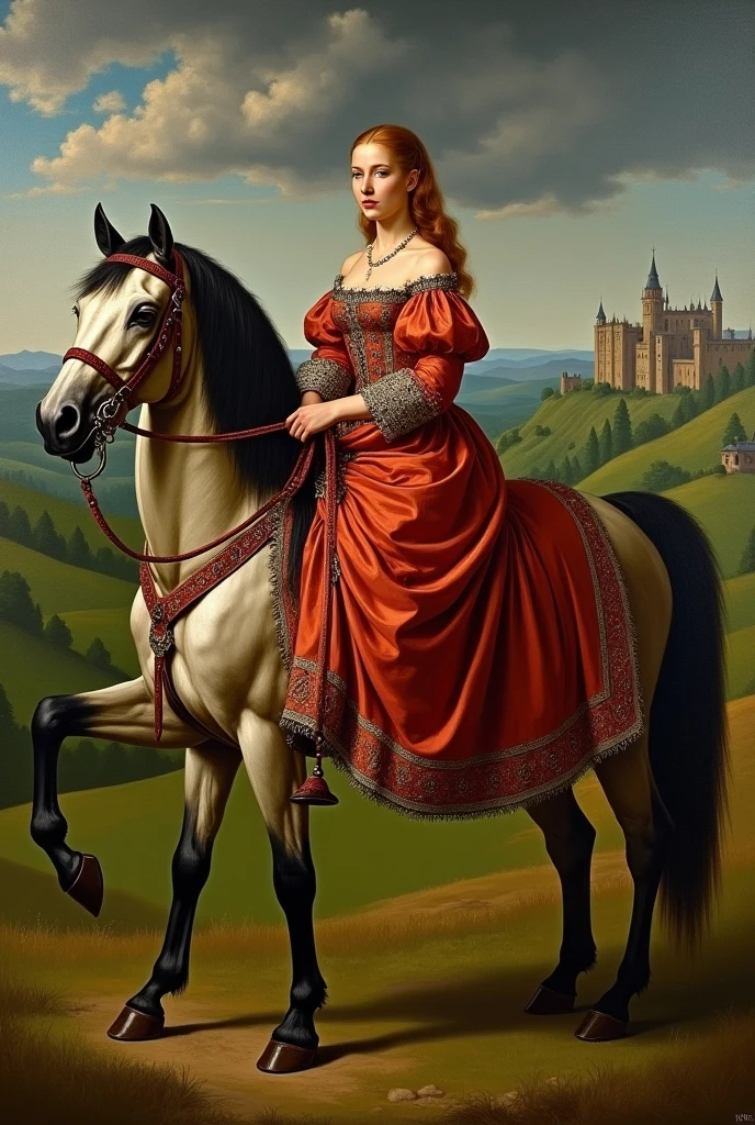 An oil painting of catherine of Aragon riding a horse from The Spanish Princess