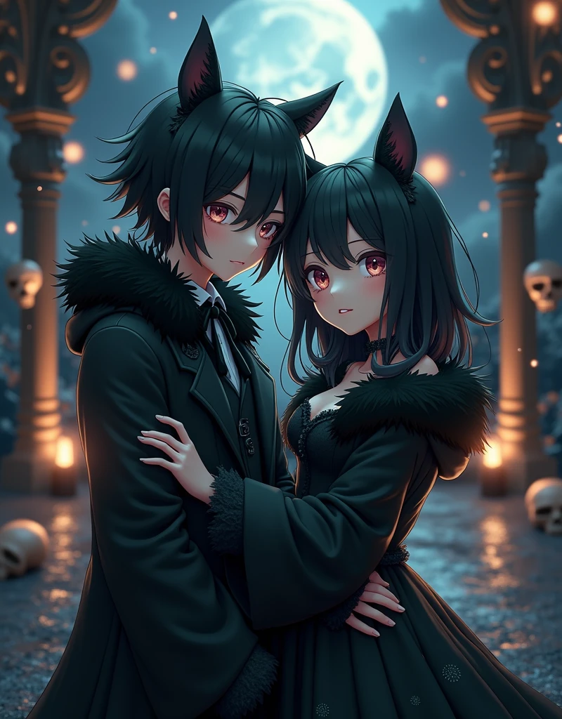 (Straight anime couple: 1.5, Dark style, beautiful eyes, Small pieces, Fluffy black fur), (Gothicdark, Victorian, Gothic, Steampunk style), dark, ambiente oscuro con decoraciones de calaveras 32K, fairy tale: 1.4, Camera cut: 1.4, ((An atmosphere of dreams, Soft light and magic:1.3)), ((Scenes of imagination)),((perfect, thoroughly.:1.3)), ((full shot: 1.4)), ((best quality)) , ((Masterpiece)), 3d, (There are too many details..: 1.3), ((Grand landscape: 1.3)), ((พื้นหลังat night: 1.3 ))), (((at night:1.2))), (realistic: 1,4), ((front camera)),( (แสงภาพยนตร์at nightที่มีแสงน้อย: 1,2)). 32K.