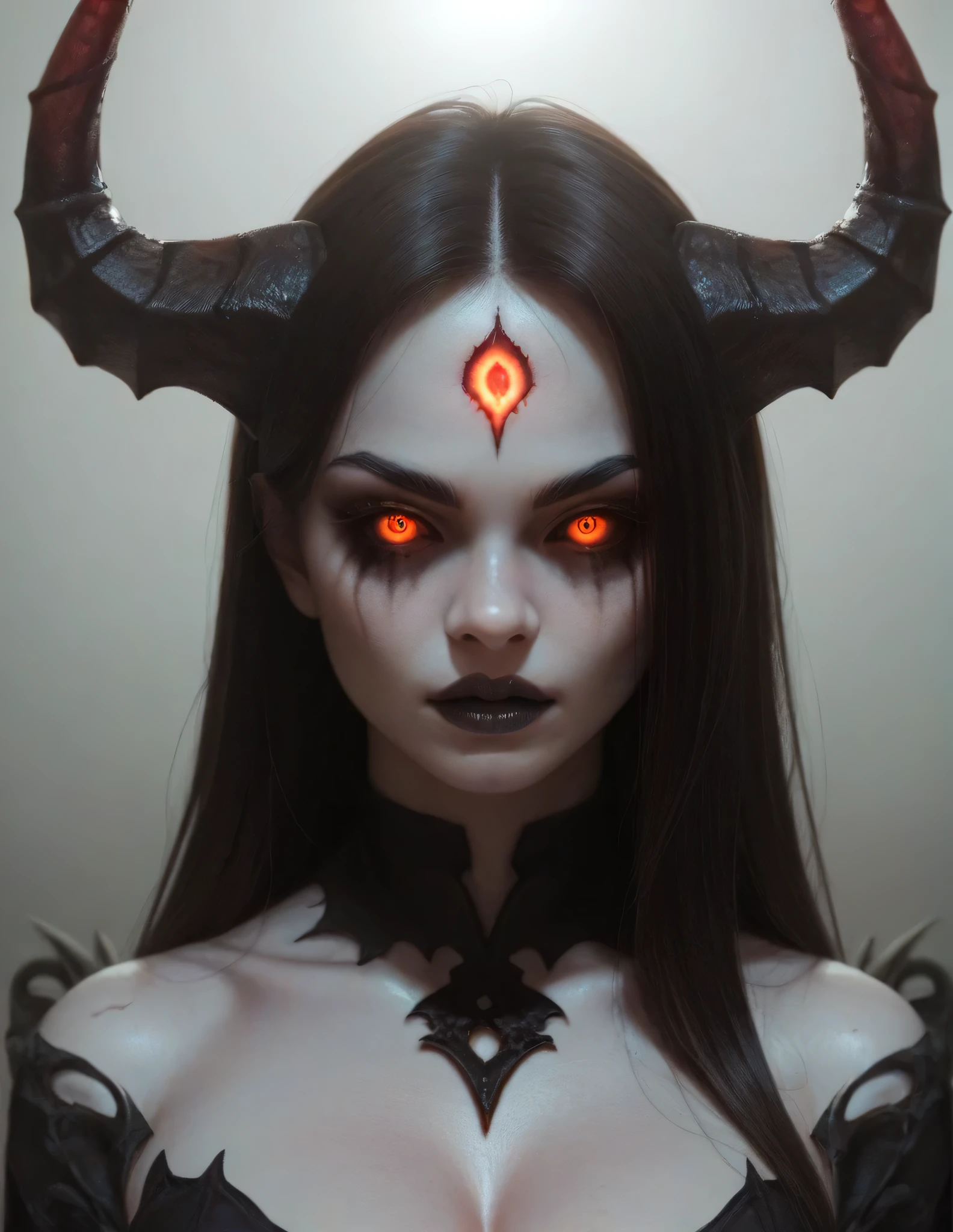horror-themed Wide angle digital illustration, (Demonic female character with dark ash-gray face:1.3), Symmetrical composition, Cracked stone texture, Golden veins, (Red luminescent eyes:1.3), Several twisted horns, Intricate golden metallic details, (Golden veins on neck and shoulders:1.2), Gothic architectural background, Bluish light from top center, (Ominous atmosphere:1.2), Deep shadows, Highlighted facial features, Sinister expression, Realistic digital art, Fantastic influence, eerie, unsettling, dark, spooky, suspenseful, grim, highly detailed