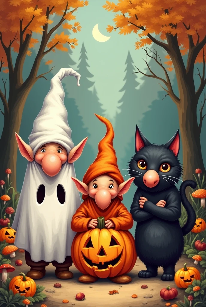 Simple drawing of three gnomes dressed up for Halloween