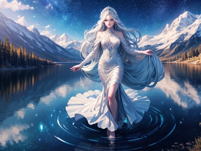 surreal ethereal starry night reflected on calm mountain lake, lady of the lake emerging, beautiful detailed eyes, beautiful detailed lips, extremely detailed face and eyes, long eyelashes, elegant dress, graceful pose, glowing ethereal atmosphere, vibrant colors, dramatic lighting, cinematic composition, digital painting, concept art, photorealistic, award winning, 8k, best quality, masterpiece