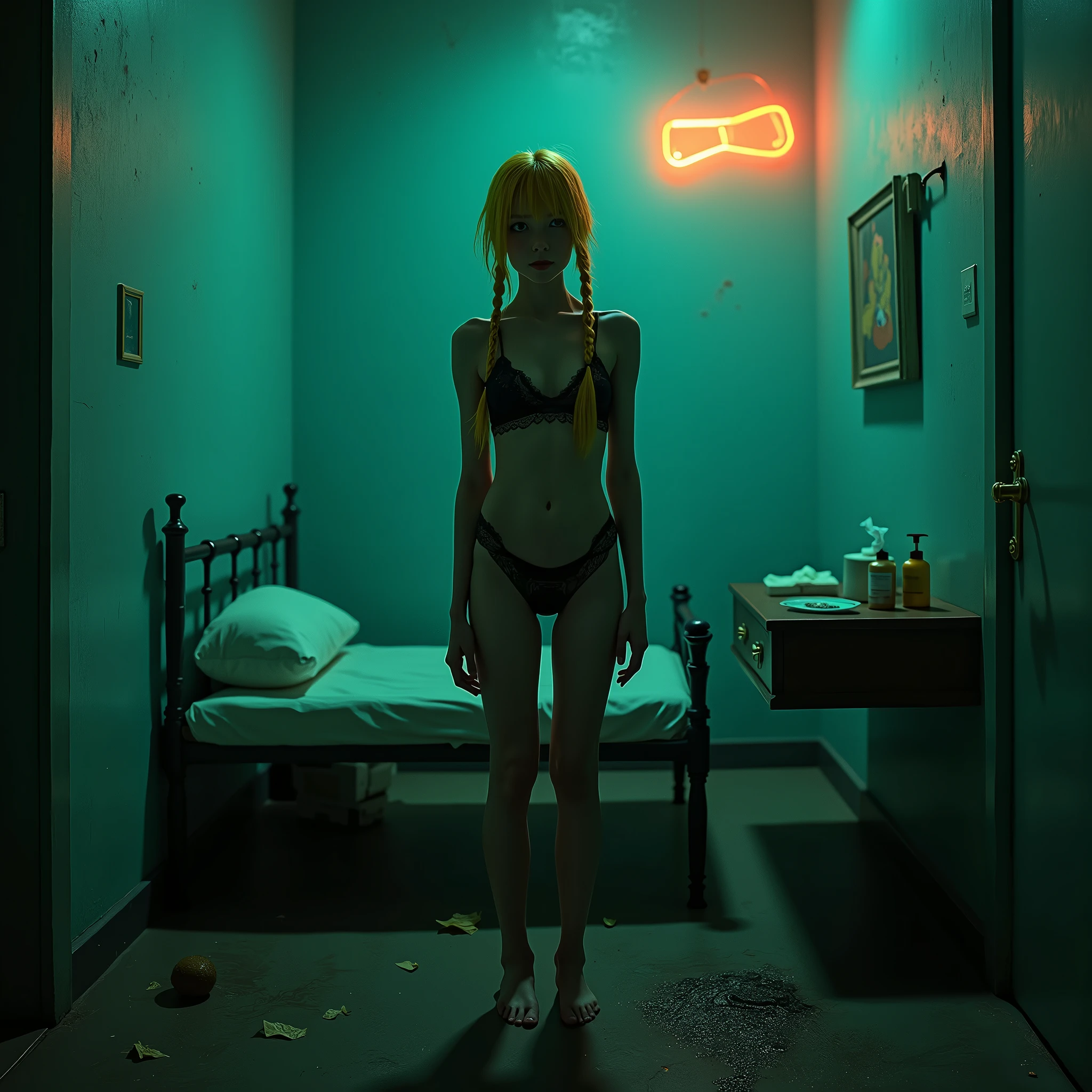 a very beautiful thin girl, hooker, yellow braided pigtails, ass shot, black underwear with tights, knee socks, dirty, dingy dark room with neon lighting, small cot, warm yogurt on floor, table stand with tissues and hand lotion, Viele Details, extremely realistic. good quality, 8k (lurid vivid colors, cinematic and volumetric lighting, Technicolor, blue and orange tint, diffused green back lighting, intricate details, Fumetti comic books style, pen and ink, Metal Hurlant aesthetic, best quality, masterpiece, HD, 8X, good hands, good bodies, attention to detail, retro illustration style, classic European horror movie style, Dario Argento, Sergio Martino, Jess Franco, Mario Bava, NSFW)