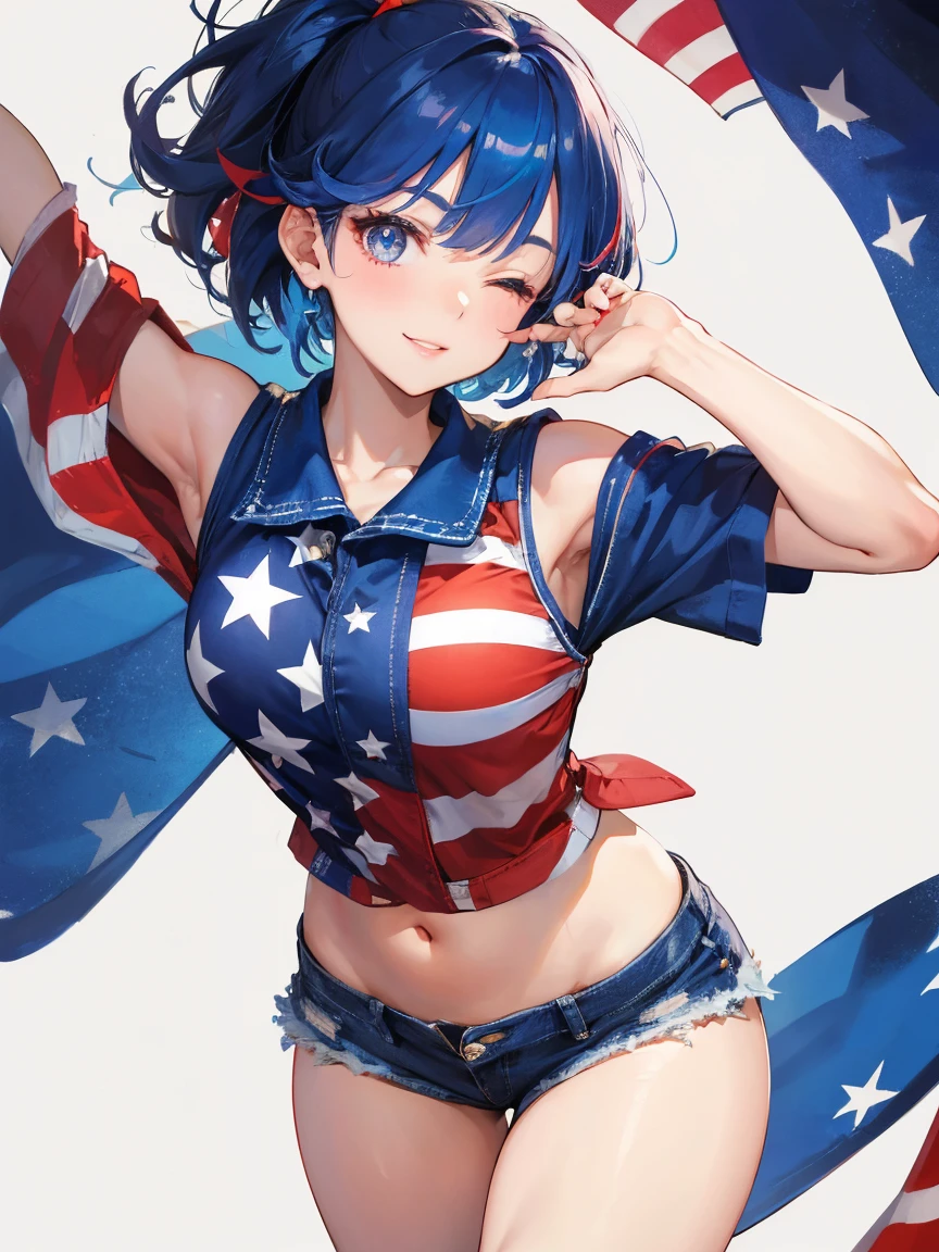 score_9,score_8_up,score_7_up,rating_explicit, source_anime, 1girl, solo, mejiro mcqueen \(umamusume\), looking at viewer, arm up, stretching, american flag swimsuit, american flag print, smile, winking