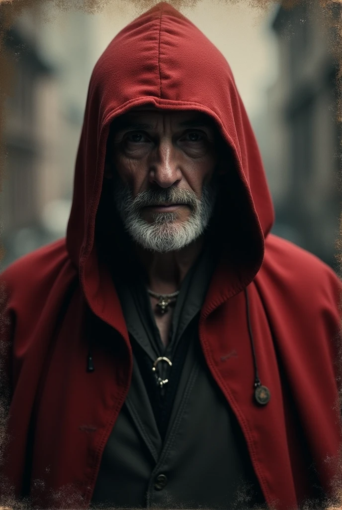 An image that imitates, including defects, the aesthetics of photographs from the 1920s/30 of an older man wearing a red hooded cloak. The photo must be in black and white