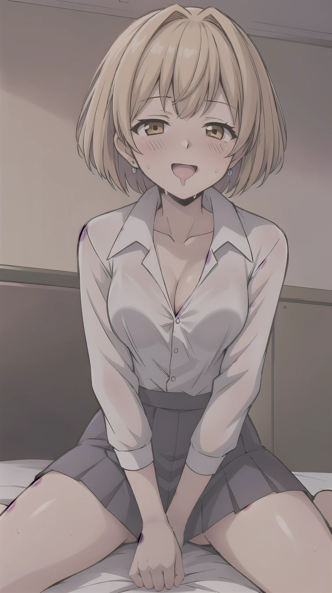 （（super high quality,））（（Ultra-high resolution,））（16K,）（super masterpiece,）（（Ultra HD ,））（Detailed shading,）One sexy office lady,Cleavage,popped Tight collar White shirts,Tight Skirt,Ecstasy face,smile,blush,Dimly lit bedroom,Lying in bed,Spread your legs,Sweaty,Love juice,A small amount of drooling,Penis is inserted,Full body photo,