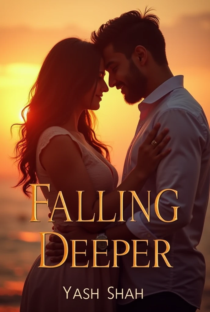 Design a thumbnail that captures the essence of a heartfelt love song titled 'Falling Deeper.' by Yash shah The image should feature a soft, romantic scene with warm tones, like a couple embracing or a serene sunset. Include the song title in elegant, easy-to-read text, positioned to stand out without overwhelming the image. The overall design should evoke deep emotion and love, drawing viewers in to click and listen."