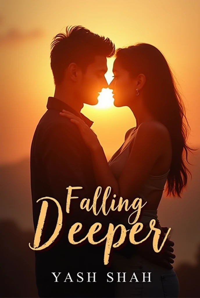 Design a thumbnail that captures the essence of a heartfelt love song titled 'Falling Deeper.' by Yash shah The image should feature a soft, romantic scene with warm tones, like a couple embracing or a serene sunset. Include the song title in elegant, easy-to-read text, positioned to stand out without overwhelming the image. The overall design should evoke deep emotion and love, drawing viewers in to click and listen."