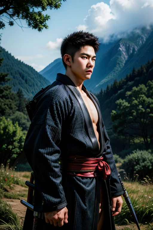 ((masterpiece, Highest quality, Best image quality, High resolution, Realistic, RAW Photos, 8k, Highly detailed CG synthesis 8k wallpaper)), Samurai Youth, Black short hair, Manly, strong face, Similar to Yamada Takayuki,Male Body,Wearing a purple kimono and black hakama, Has a long sword, View from the side.