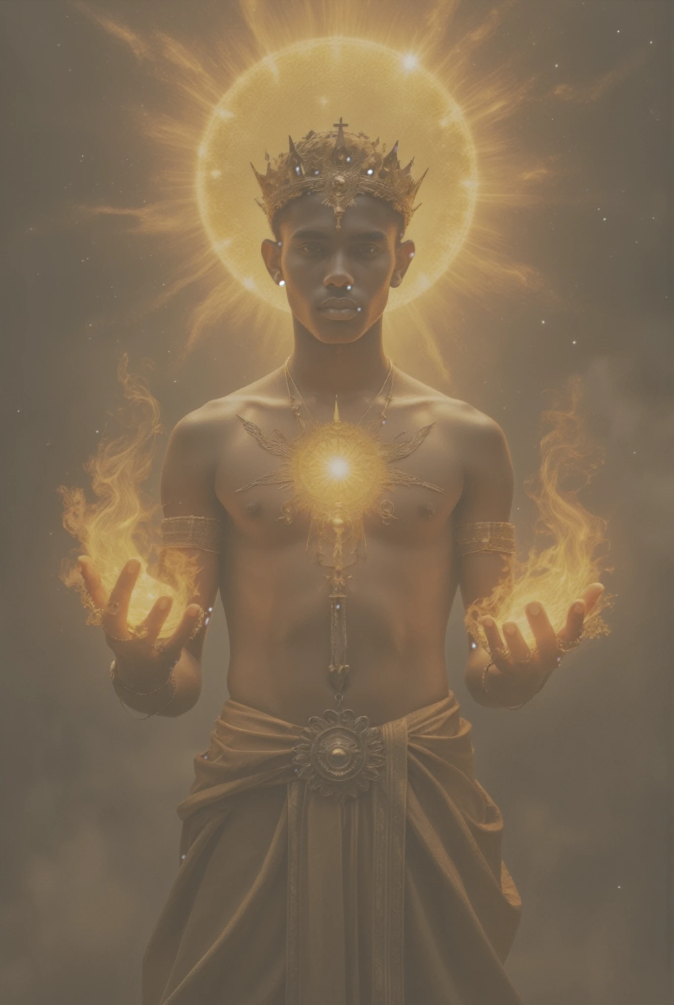 Sun Saint holding mirror young dark skin golden crown tarot card the king occultism esotericism