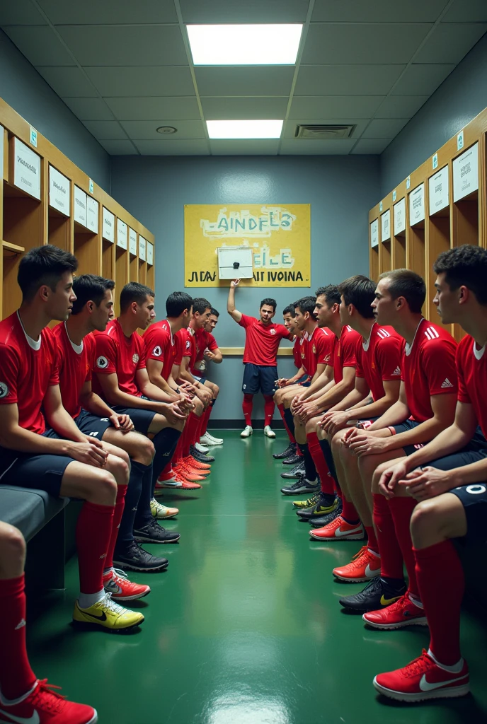 Create a vignette of two different soccer teams concentrated in different locker rooms