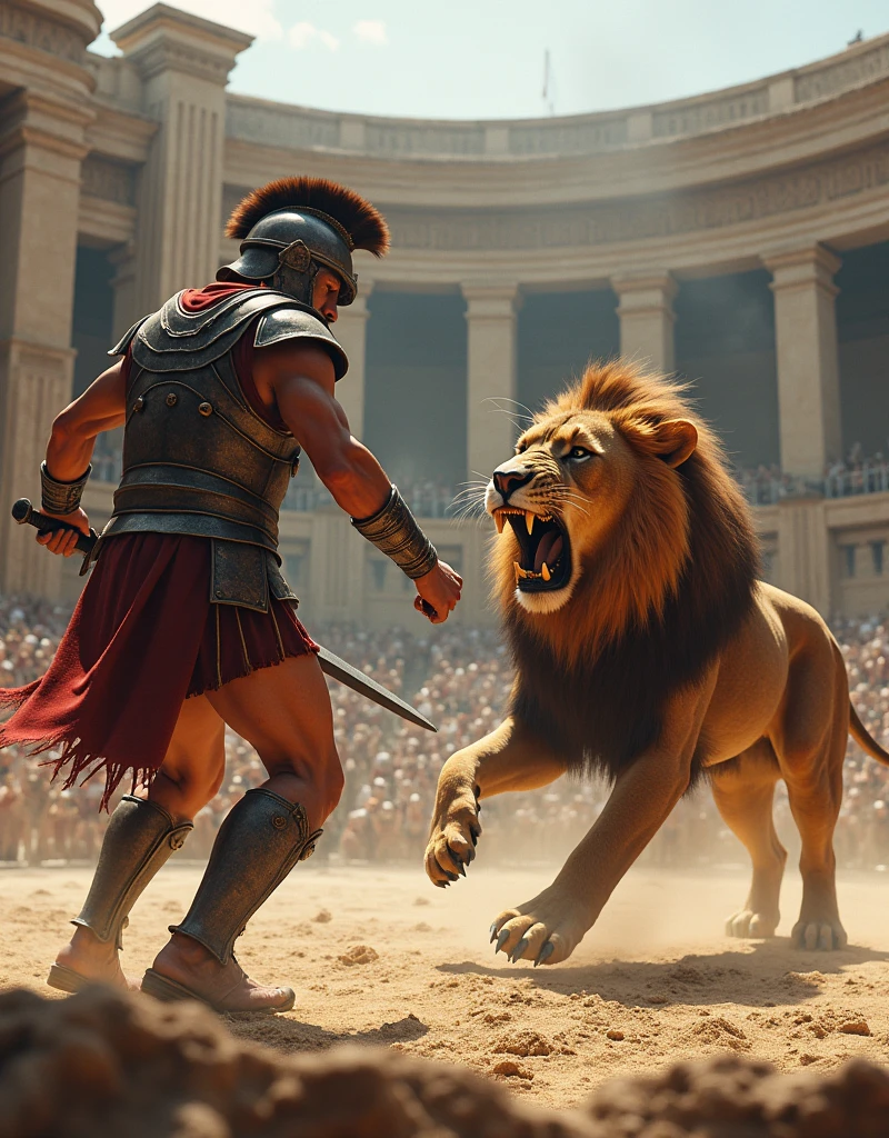 Roman Gladiator Fighting a Fierce Lion