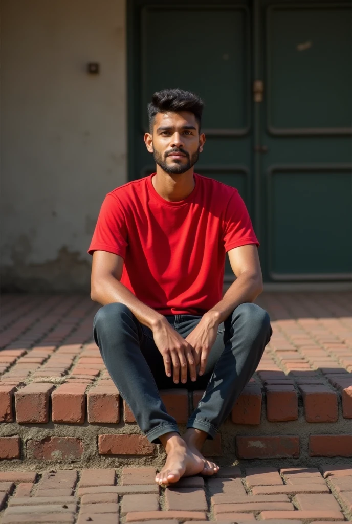 A  wearing a red t-shirt is sitting on a brick