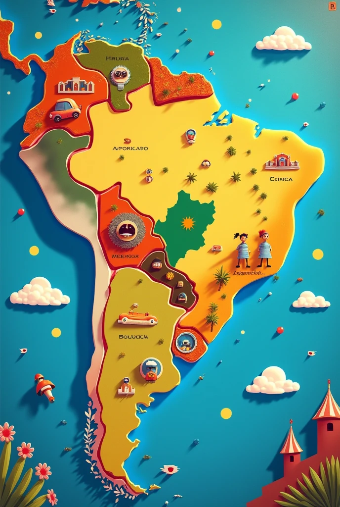 Map of South America showing Bolivia in the center different color drawing Pixar style