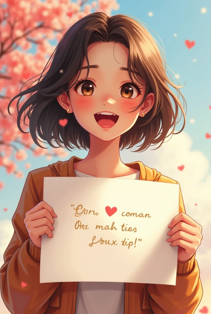 a beautiful and sweet woman, holding up a sign "I love Nii", glad, Happy, Anime-Illustration, photorealestic, Oil painting