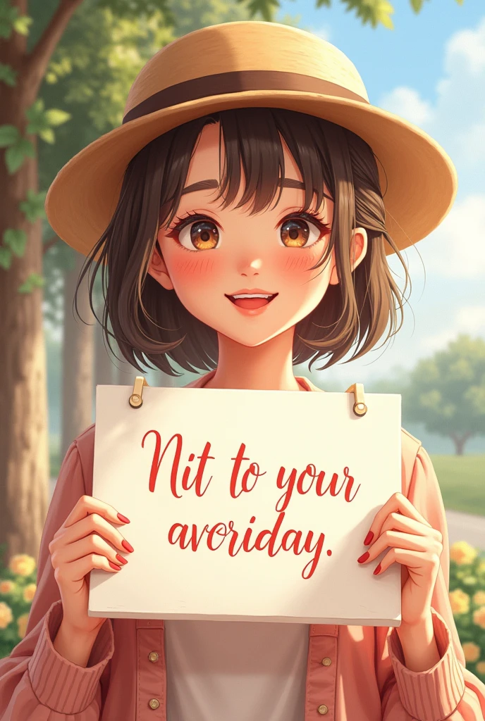 a beautiful and sweet woman, holding up a sign "I love Nii", glad, Happy, Anime-Illustration, photorealestic, Oil painting