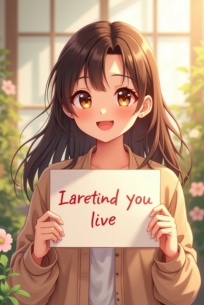 a beautiful and sweet woman, holding up a sign "I love Nii", glad, Happy, Anime-Illustration, photorealestic, Oil painting