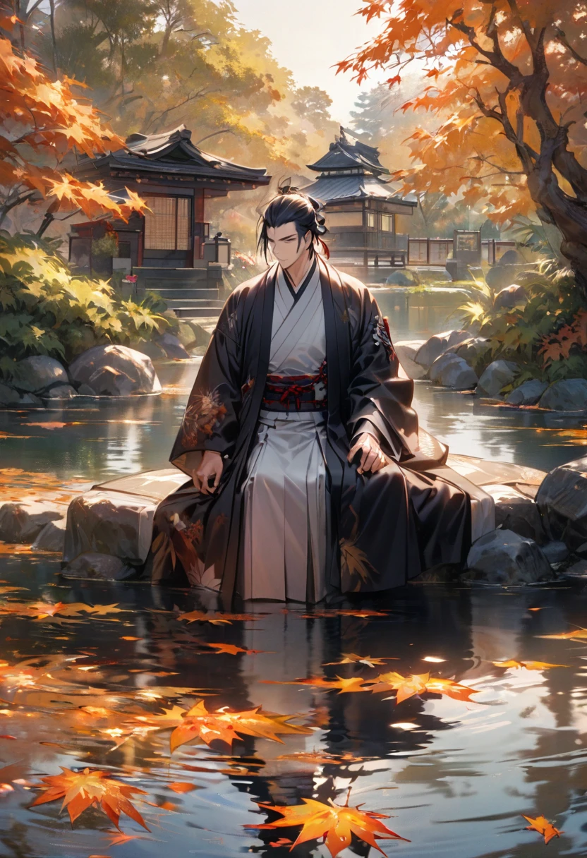 "An older samurai, wearing a formal kimono and seated in a peaceful Japanese garden during autumn, surrounded by golden leaves and a calm koi pond, his one eye showing wisdom and reflection as he gazes into the distance, the scene serene and filled with a sense of accomplished life."