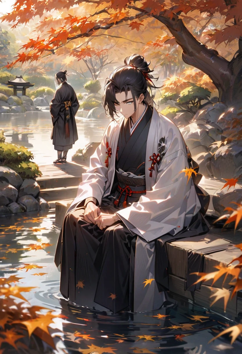 "An older samurai, wearing a formal kimono and seated in a peaceful Japanese garden during autumn, surrounded by golden leaves and a calm koi pond, his one eye showing wisdom and reflection as he gazes into the distance, the scene serene and filled with a sense of accomplished life."

