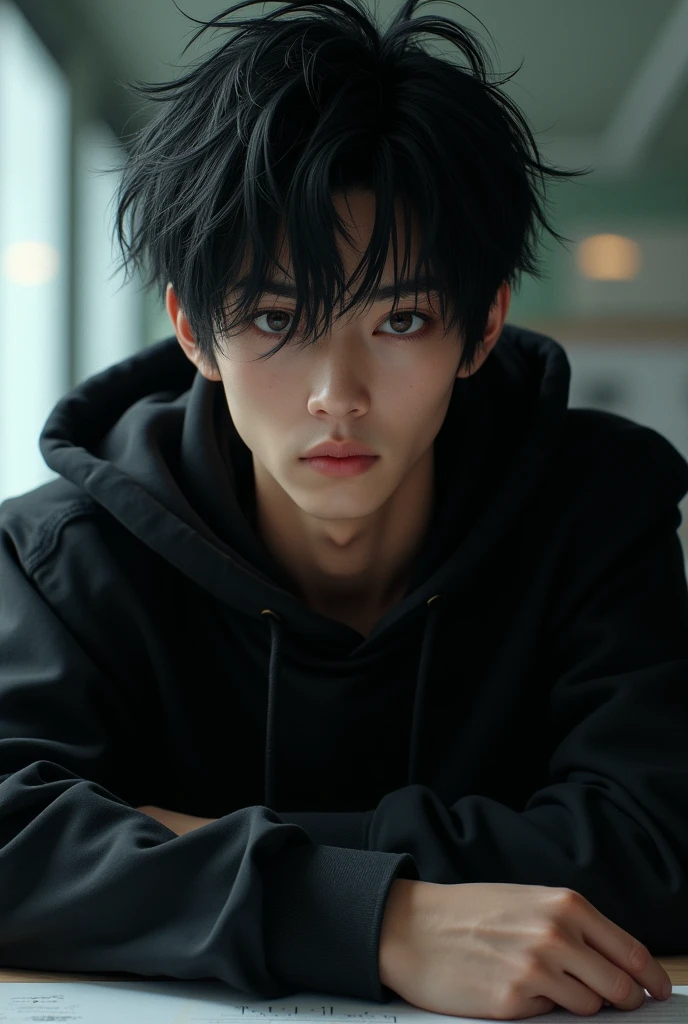 (photorealism:1.2), handsome asian guy, thin almond shaped eyes, wearing a black hoodie and black long pants, sitting at the back of the class, staring at viewer while studying in class, black messy-middle-length hair (his hairs almost covering his eyes), wolf cut hairstyle, yandere vibe, realistic photo, close up