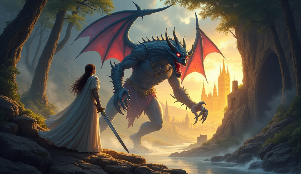 "A captivating fantasy illustration depicting a brave prince wielding a shining sword, facing off against a old demonic with glowing red eyes and sharp claws. Beside him, a beautiful princess in elegant attire stands with a determined expression, symbolizing courage and resilience. The background features a mystical forest with towering trees, a dark cave entrance, and a golden, radiant kingdom on the horizon. The overall composition conveys a dramatic, adventurous tale of bravery, love, and the battle between good and evil."
This prompt should provide a compelling visual for a YouTube video thumbnail, capturing the essence of the story with elements of fantasy, heroism, and mystery.