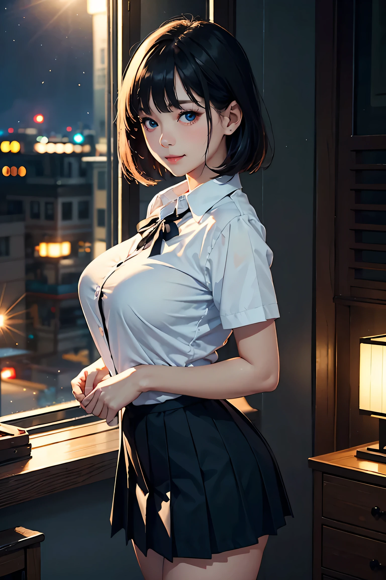 (masterpiece:1.2, Highest quality), (Realistic photos), Beautiful illustrations, (Natural side lighting, Cinema lighting),(1 person), Japanese, 20-year-old female, Perfect Face, Symmetrical cute face, Glowing Skin、Black short bob、Dark blue eyes, (Huge breasts:1.2), Slender build、Beautiful Hair, Beautiful Face, Fine and beautiful eyes, Beautiful body, Beautiful breasts,(White collared shirt、Small black ribbon、Navy blue pleated skirt)、smile、Blushing、whole body、Bedroom、Night view、立つ