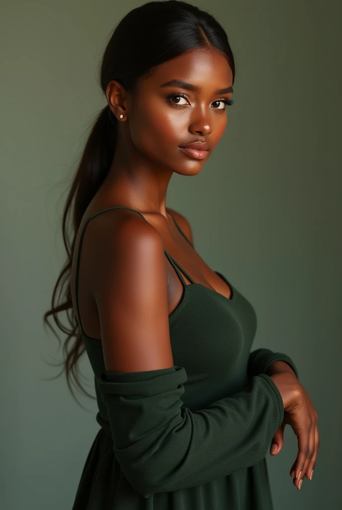 Real Life Image Natural Young Woman 1 Dark Brown Skin Full Body Wearing Dark Green Dress Brown Lips With Brown Nails Hair Tied In Ponytail Repeat