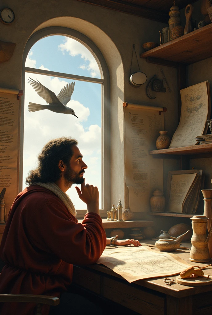"A realistic portrayal of Leonardo da Vinci in his workshop, surrounded by sketches and models of flying machines, with a thoughtful expression as he studies birds flying outside his window, Renaissance Italy, detailed, warm lighting." for kids