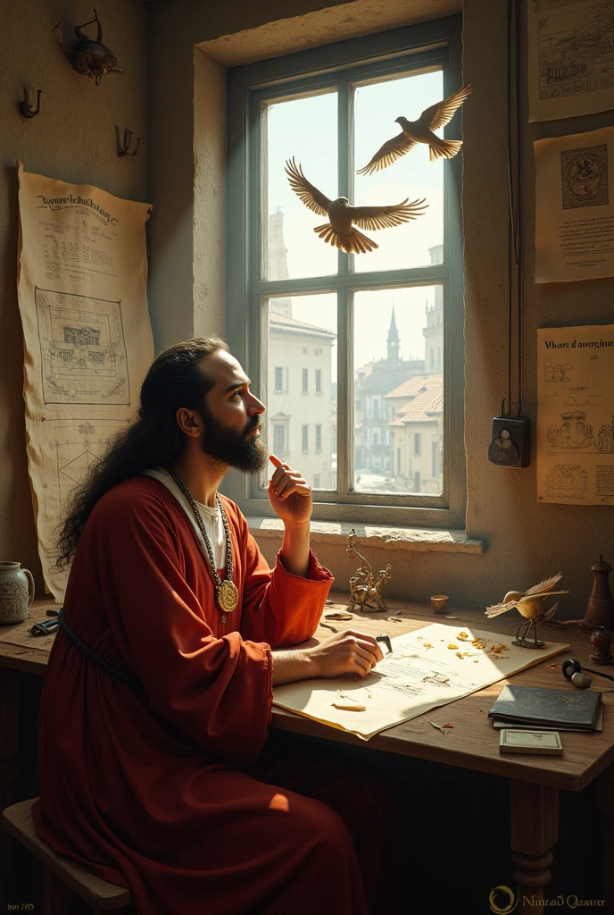 "A realistic portrayal of Leonardo da Vinci in his workshop, surrounded by sketches and models of flying machines, with a thoughtful expression as he studies birds flying outside his window, Renaissance Italy, detailed, warm lighting." for kids