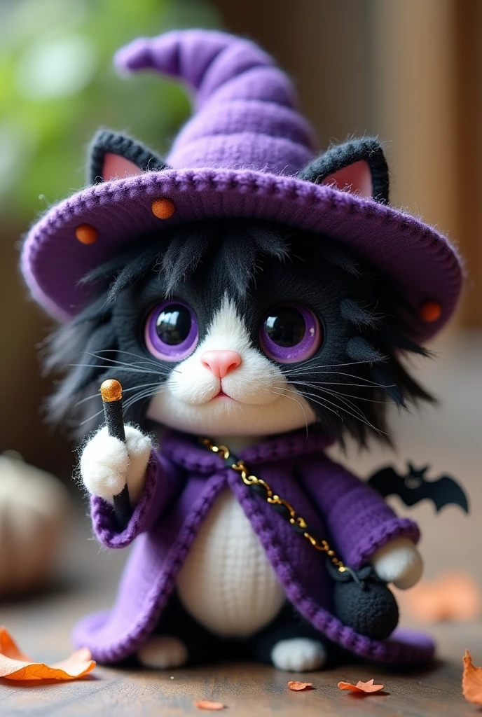 Amigurumi, chibi-style, humanoid cat, with long, fluffy black-and-white fur, wearing a little witch's outfit with a purple robe and pointed hat. The cat has purple eyes, a tiny wand in its paw, and a cute bat-shaped bag slung over its shoulder