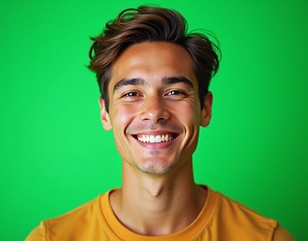 A portrait of a person, green screen background, young man with brown hair smiling