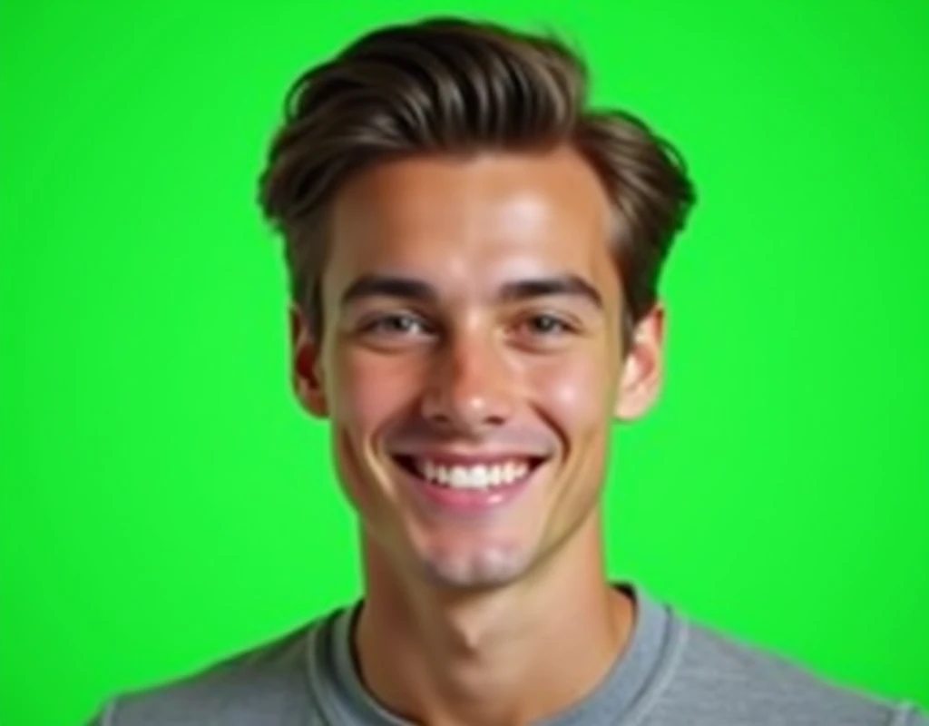 A portrait of a person, green screen background, young man with brown hair smiling
